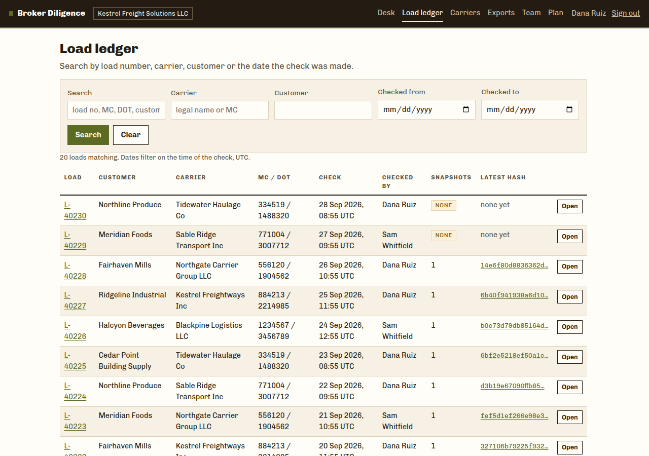 The load ledger: search by carrier, customer or date range, with each load's latest snapshot hash