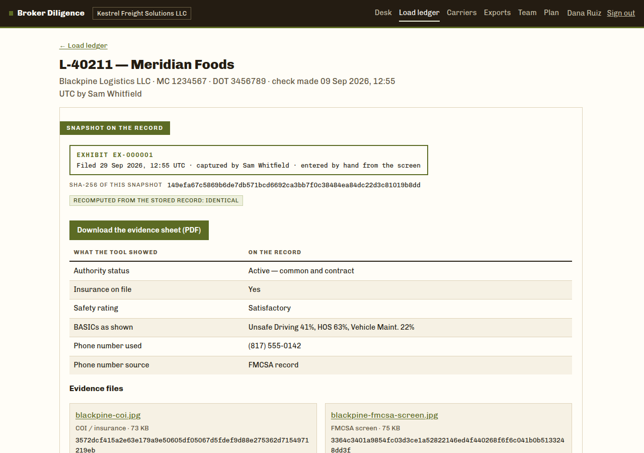 A load's file: the exhibit stamp, the snapshot fields, the SHA-256 and the evidence files behind it